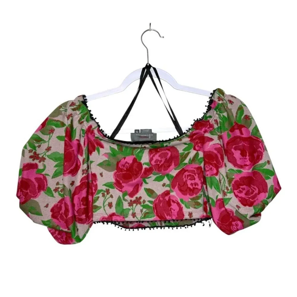 Anthropologie Frida Floral Off The Shoulder Cropped Top Women XXS Pink Roses‎